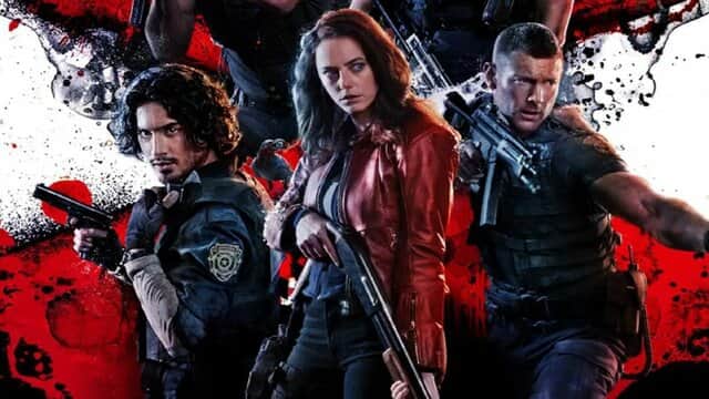 Affiche de « RESIDENT EVIL » avec trois personnes armées sur fond rouge et blanc.