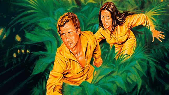 Affiche de « LES AVENTURIERS » avec un homme et une femme en combinaisons jaunes courant dans une jungle dense.