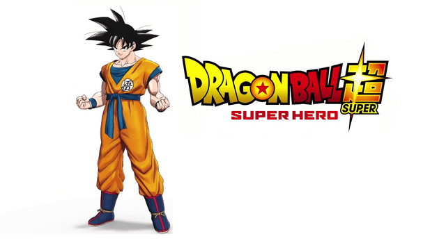 Affiche de « DRAGON BALL SUPER SUPER HERO » avec un personnage en tenue orange et bleue.