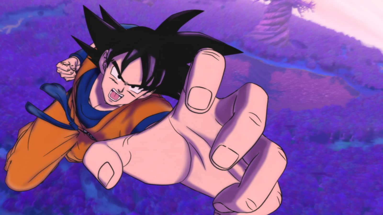 Goku en tenue orange donne un coup de poing vers le spectateur dans un décor violet.