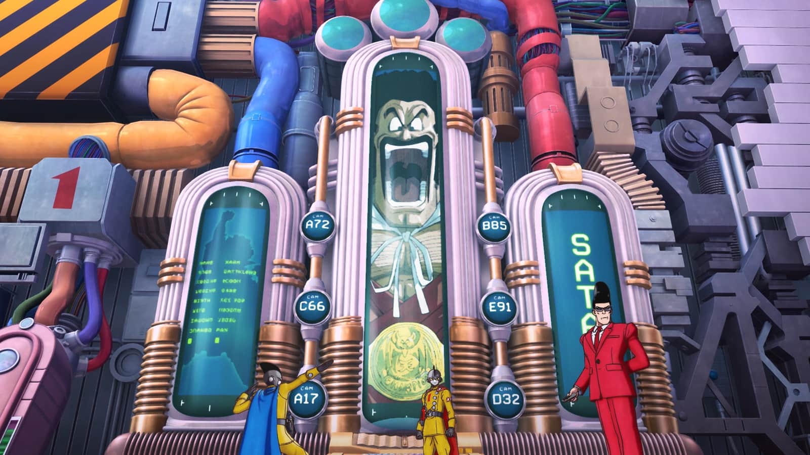 Un visage menaçant dans une capsule centrale, entouré de trois personnages en combinaison devant des machines futuristes.