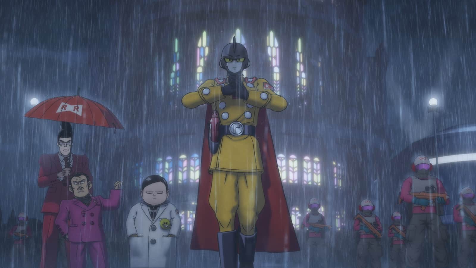 Un super-héros en costume jaune se tient sous la pluie, entouré de plusieurs personnes dans une cathédrale.