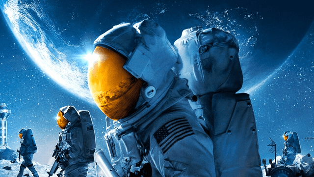 Affiche de « MOONFALL » avec des astronautes marchant sur la Lune devant une planète en arrière-plan.