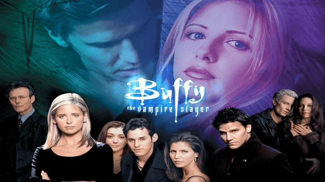 Affiche de « Buffy the Vampire Slayer » avec plusieurs personnages principaux en arrière-plan coloré.
