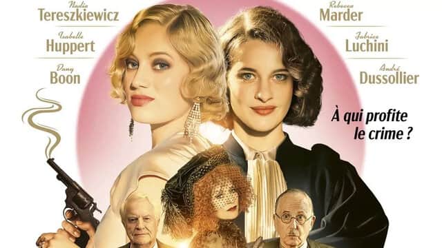 Affiche de « À qui profite le crime ? » avec deux femmes souriantes et un pistolet à gauche.