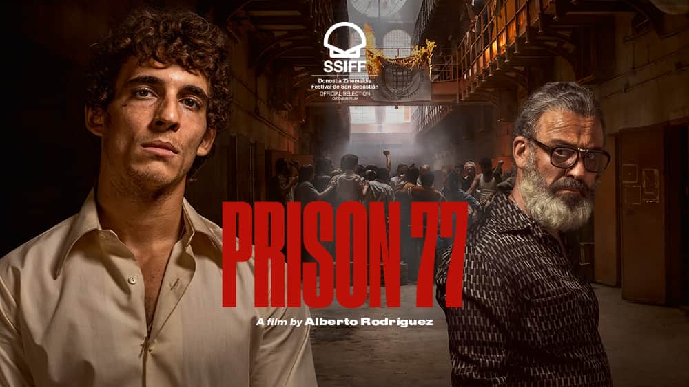 Affiche de « PRISON 77 » avec deux hommes dans une prison, foule en arrière-plan.