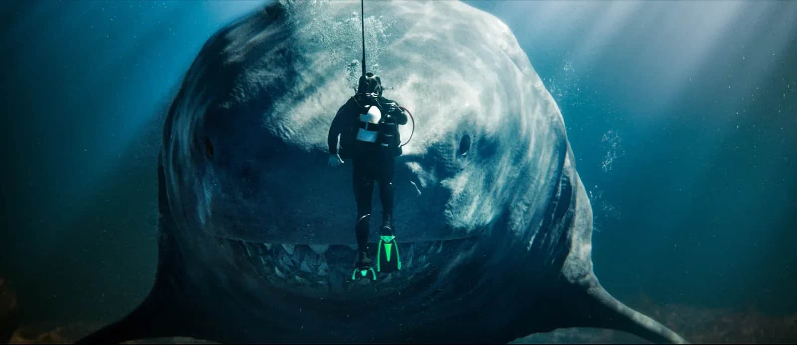 Un plongeur devant un immense requin préhistorique sous l’eau