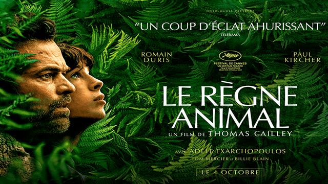Affiche de « LE RÈGNE ANIMAL » avec les visages d’un homme et d’une femme entourés de fougères.