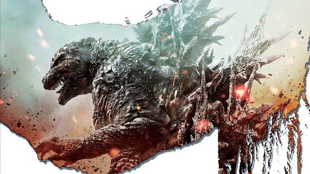 Affiche de « GODZILLA » avec un monstre géant rugissant entouré de flammes et de débris.