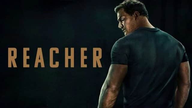 Affiche de « REACHER » avec un homme musclé de dos sur fond sombre.