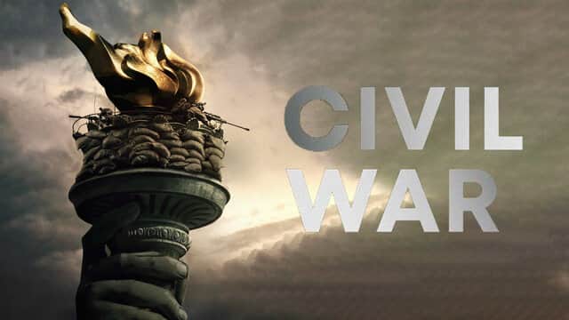Affiche de « CIVIL WAR » avec une statue dorée sur un piédestal sous un ciel nuageux.