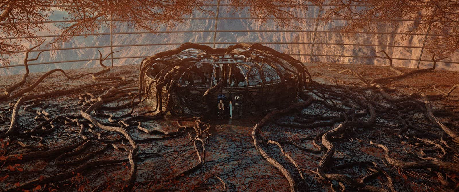 Une structure sombre enchevêtrée de racines, dans un sous-bois aux teintes brunes et orangées