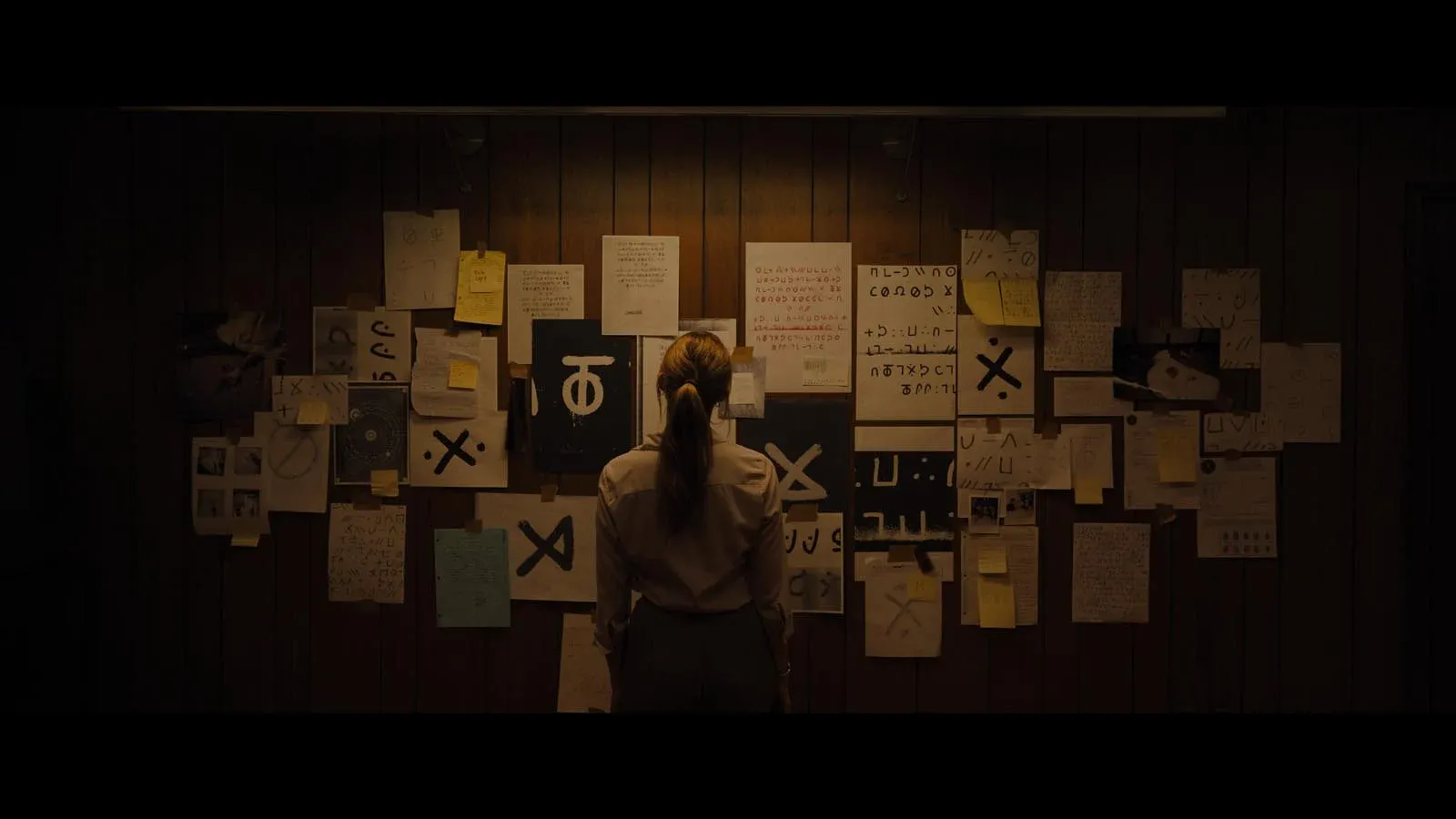 Une femme de dos observe un mur couvert de notes manuscrites et de symboles, dans une pièce sombre.
