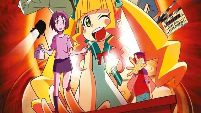 Affiche de « Pompo: The Cinéphile » avec une fille blonde souriante et des personnages animés sur fond rouge.