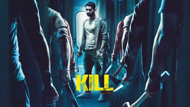 Affiche de « KILL » avec un homme entouré de personnes tenant des armes.