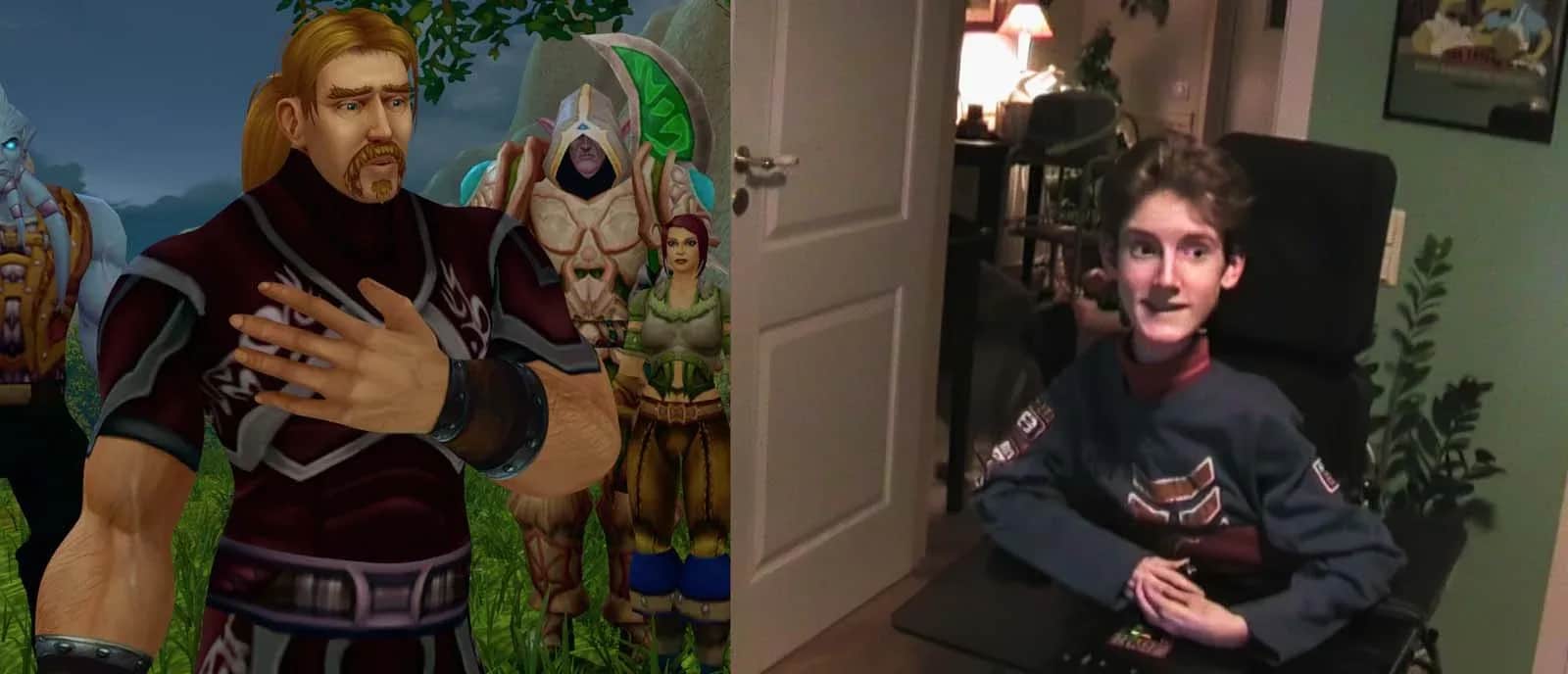 Un jeune homme assis devant un écran montrant des personnages de jeu vidéo fantastique.