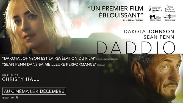Affiche de « DADDIO » avec une femme blonde à gauche et un homme barbu à droite, sortie au cinéma le 4 décembre.