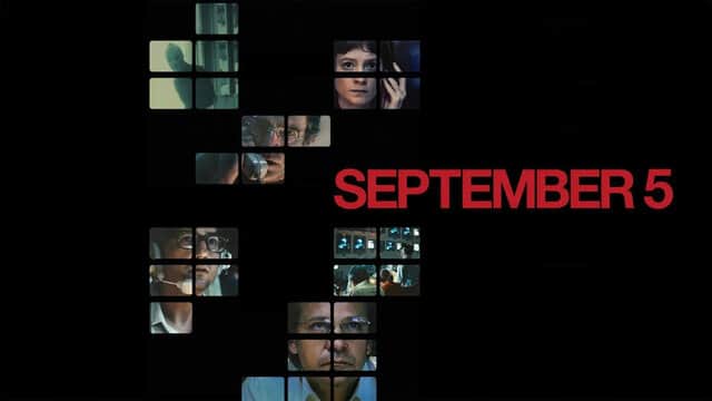 Affiche de « SEPTEMBER 5 » avec des visages fragmentés sur fond noir.