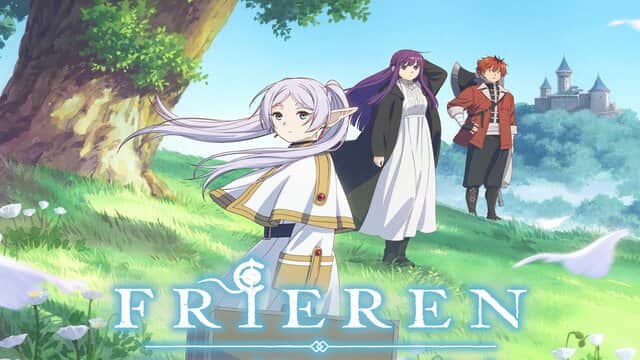 Affiche de « FRIEREN » avec trois personnages devant un château sur une colline verdoyante.