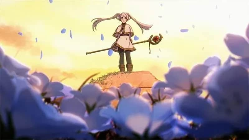Jeune fille aux longues couettes tenant un bâton, debout sur un promontoire fleuri au milieu de pétales.