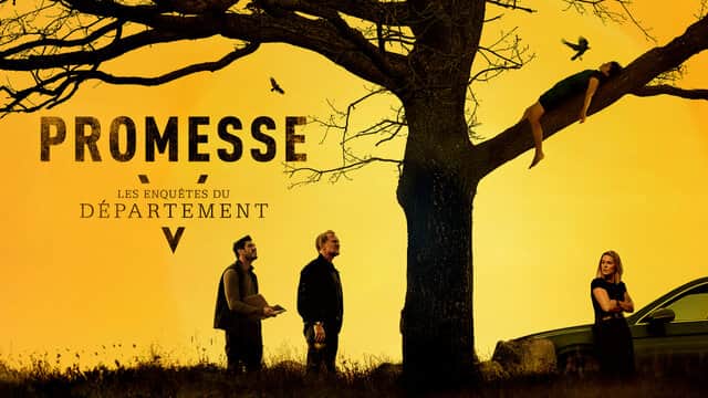Affiche de « PROMESSE LES ENQUÊTES DU DÉPARTEMENT V » avec trois personnes sous un arbre et une personne allongée sur une branche.